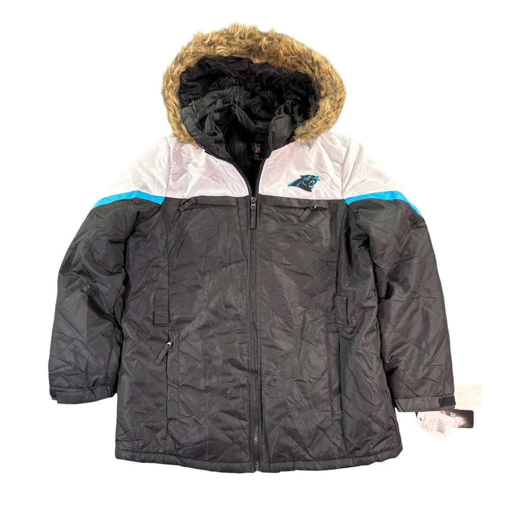 Carolina Panthers Jacket Women Large Black White Blue Parka Fur NFL Team Apparel